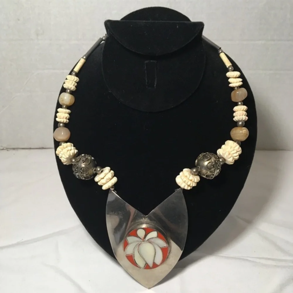 Vintage Ethnic Boho Style Sterling Silver & Gobi Agate Handmade Beaded Necklace